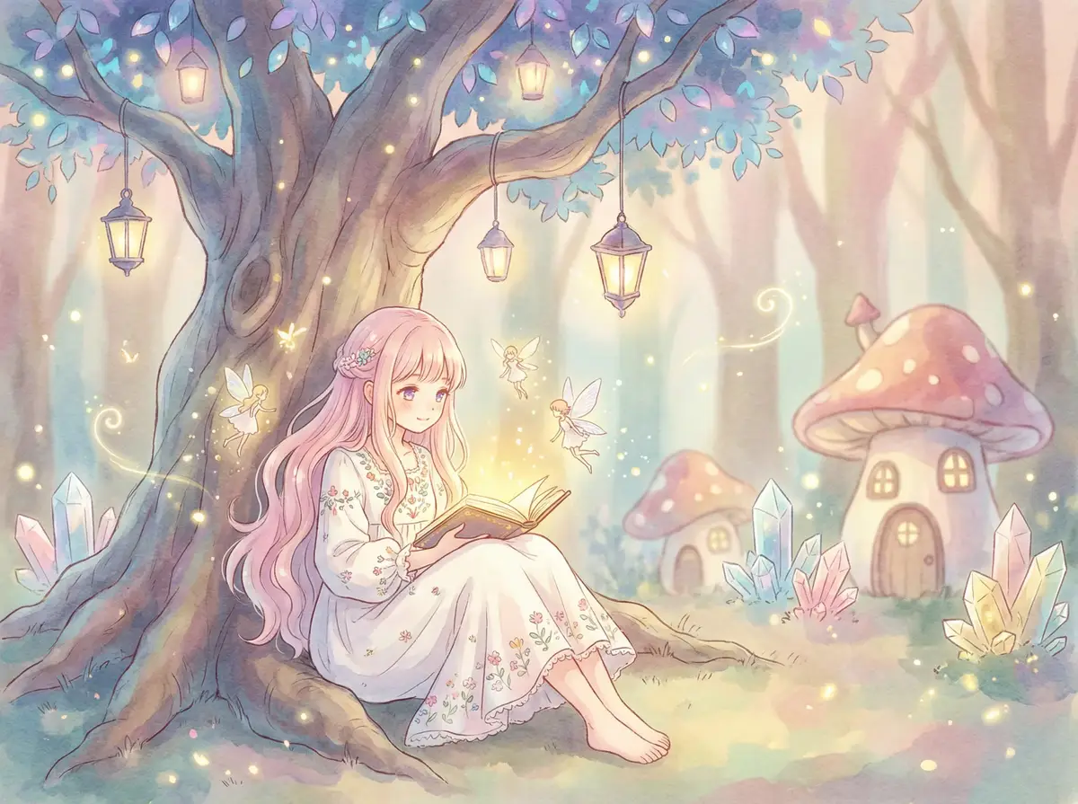 猫咪av - 魔法森林中阅读故事书的粉发少女与精灵